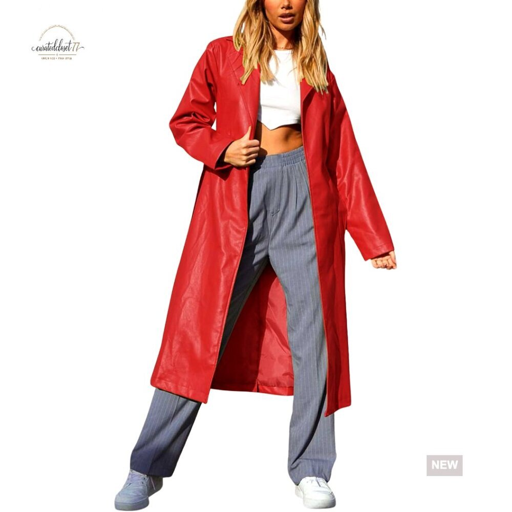 Faux Leather Trench Coat Classic Elegant Lapel Open Front Belted Long Coat